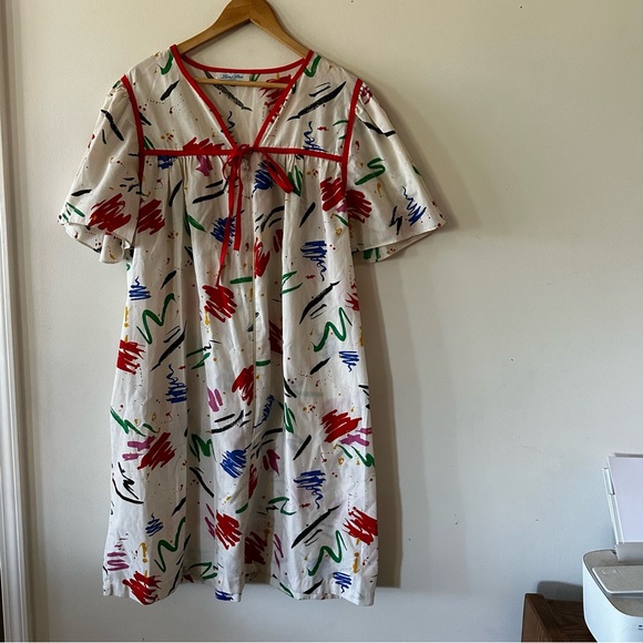 Vintage 80s Lara Dee paint scribble splatter house dress muumuu (binW4) - Picture 1 of 6